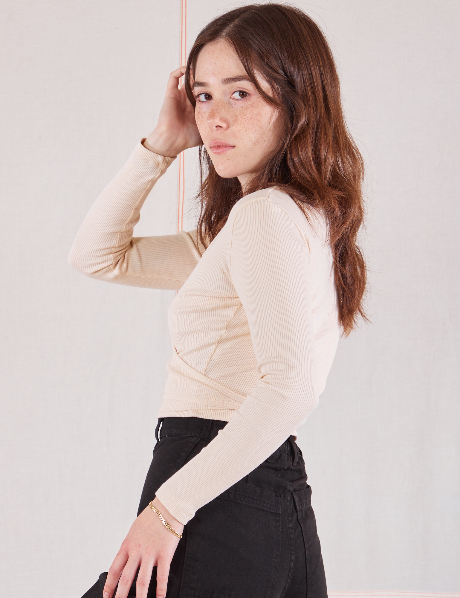 Wrap Top in Vintage Tee Off-White side view on Hana