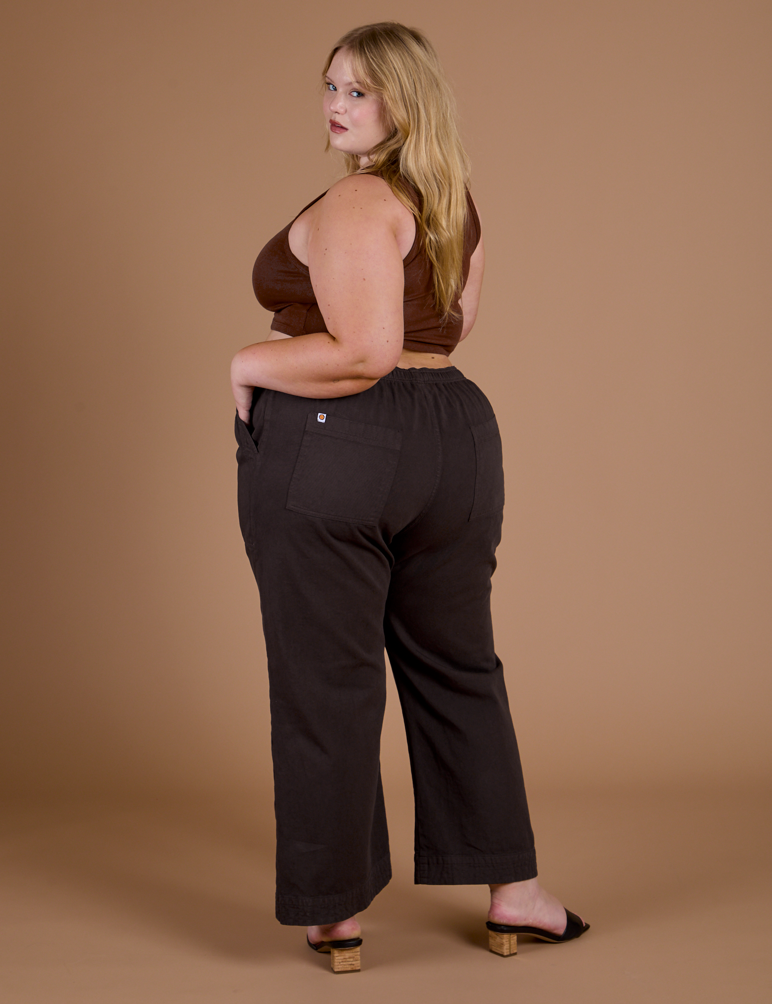 Action Pants in Espresso Brown back view on Juliet