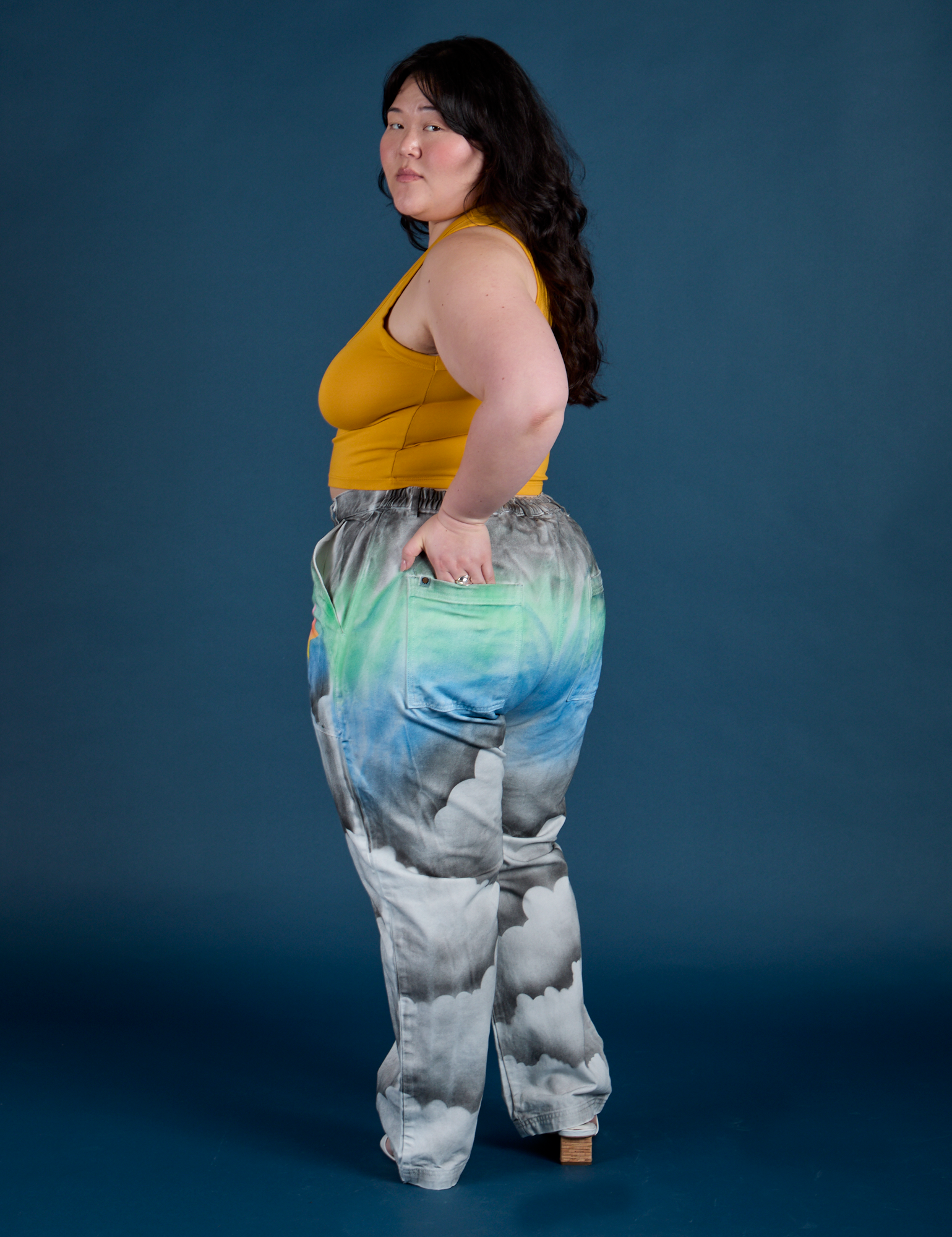Work Pants in Night Sky Airbrush angled back view on Ashley