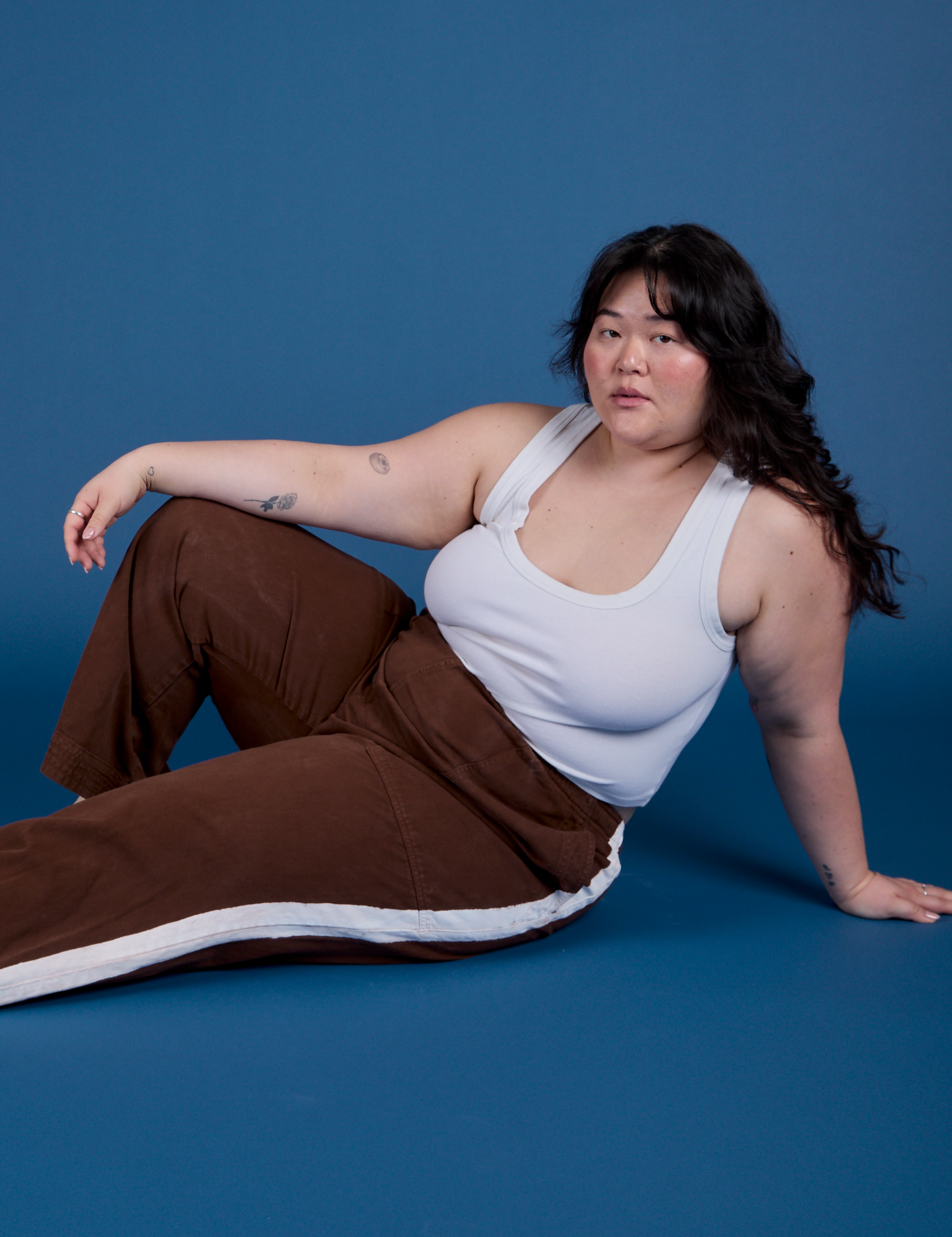 Painted Action Pants in Fudgesicle Brown and Cropped Tank in Vintage Tee White on Ashley