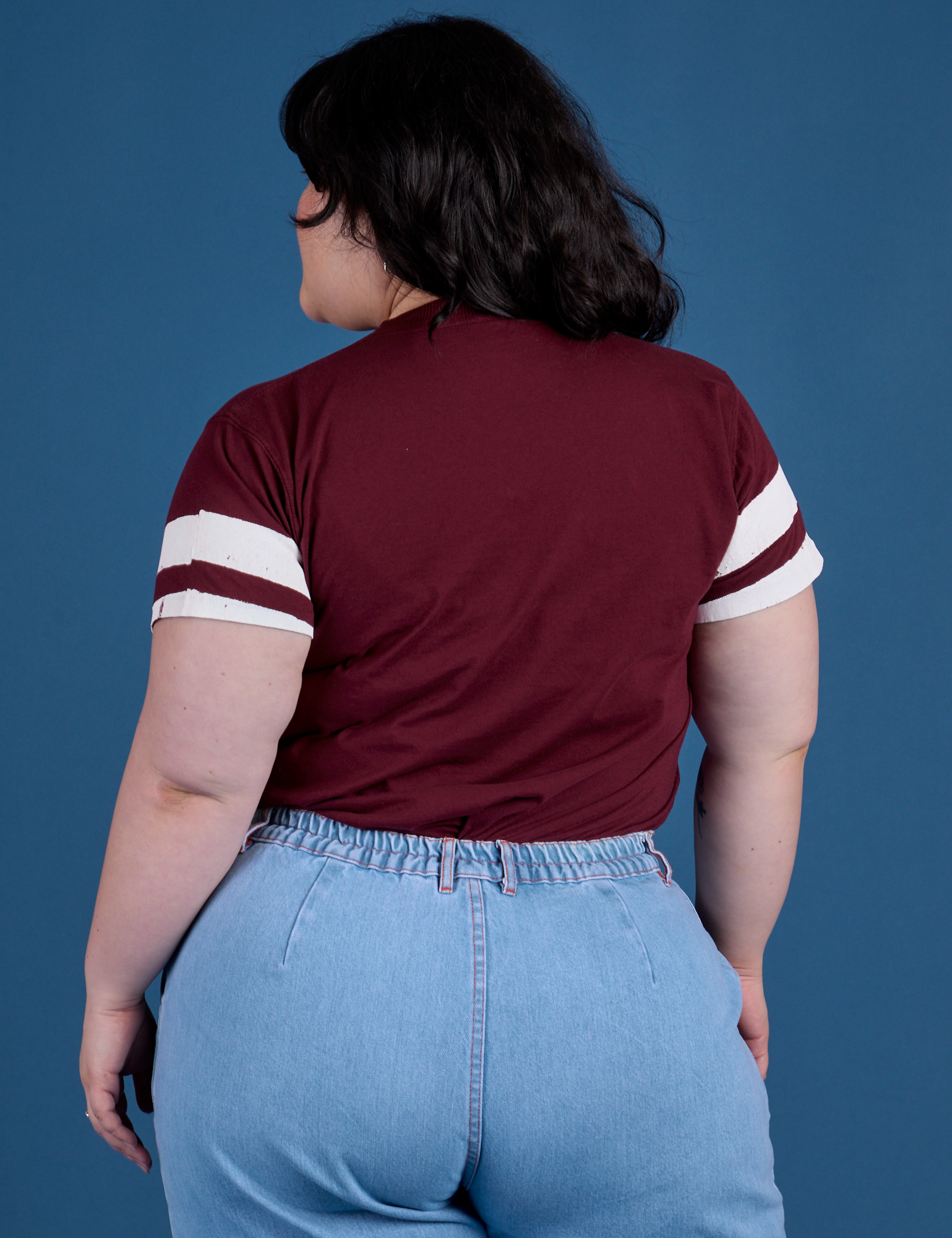 Painted Vintage Tee in Red Wine back view on Ashley