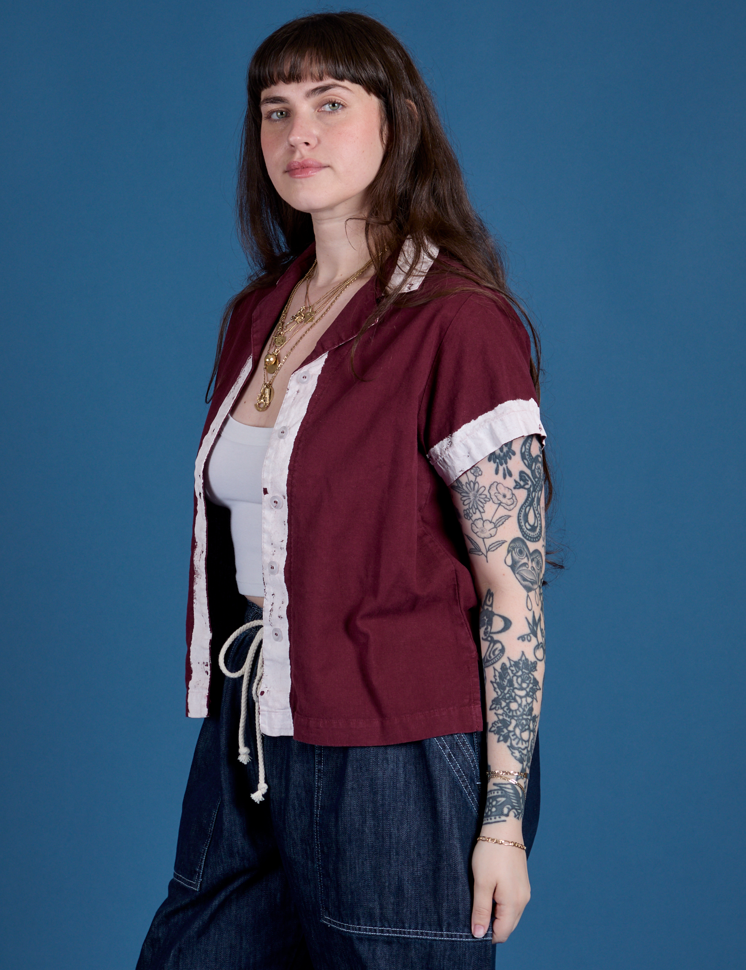 Painted Pantry Button-Up in Red Wine angled front view of Painted Pantry Button-Up in Red Wine on Sydney