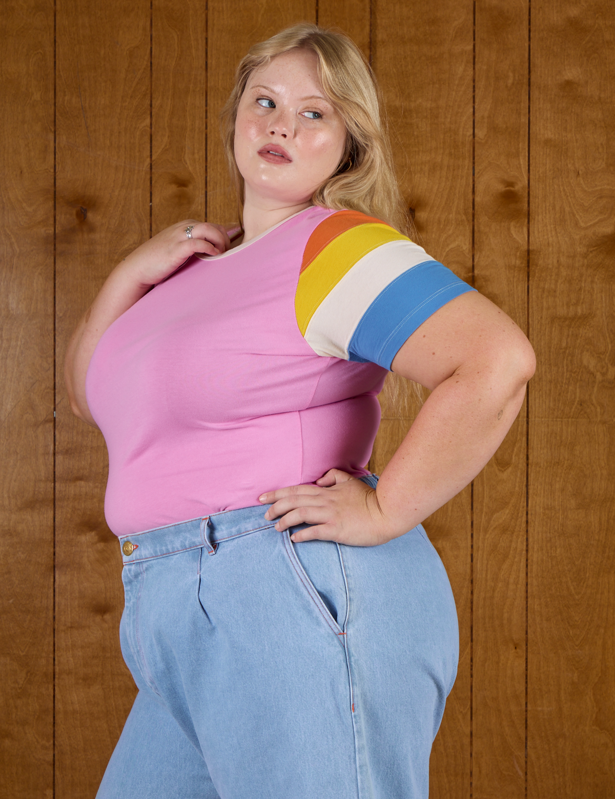 Side view of Calypso Tee in Bubblegum Multi on Juliet
