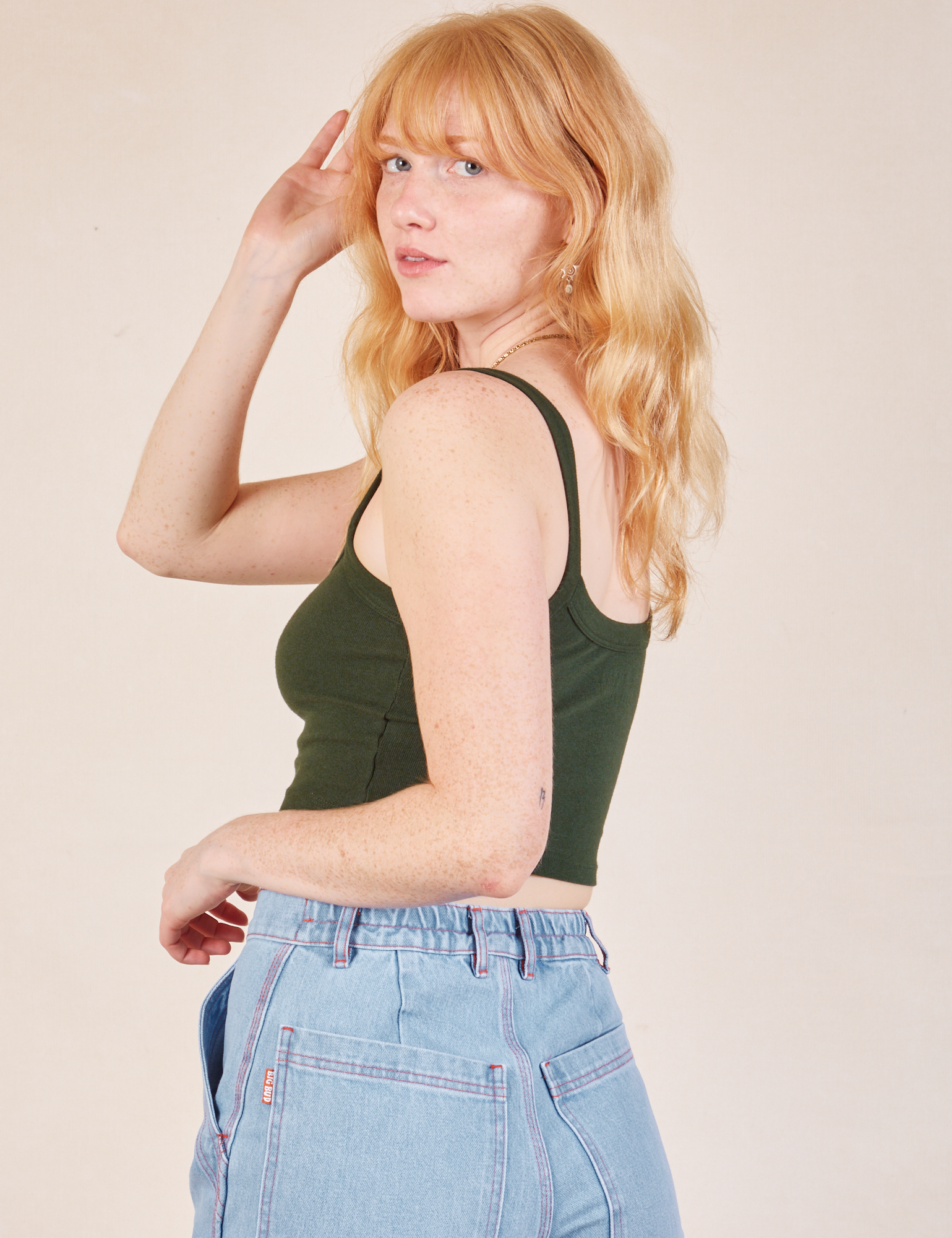 Cropped Cami in Swamp Green angled back view on Margaret