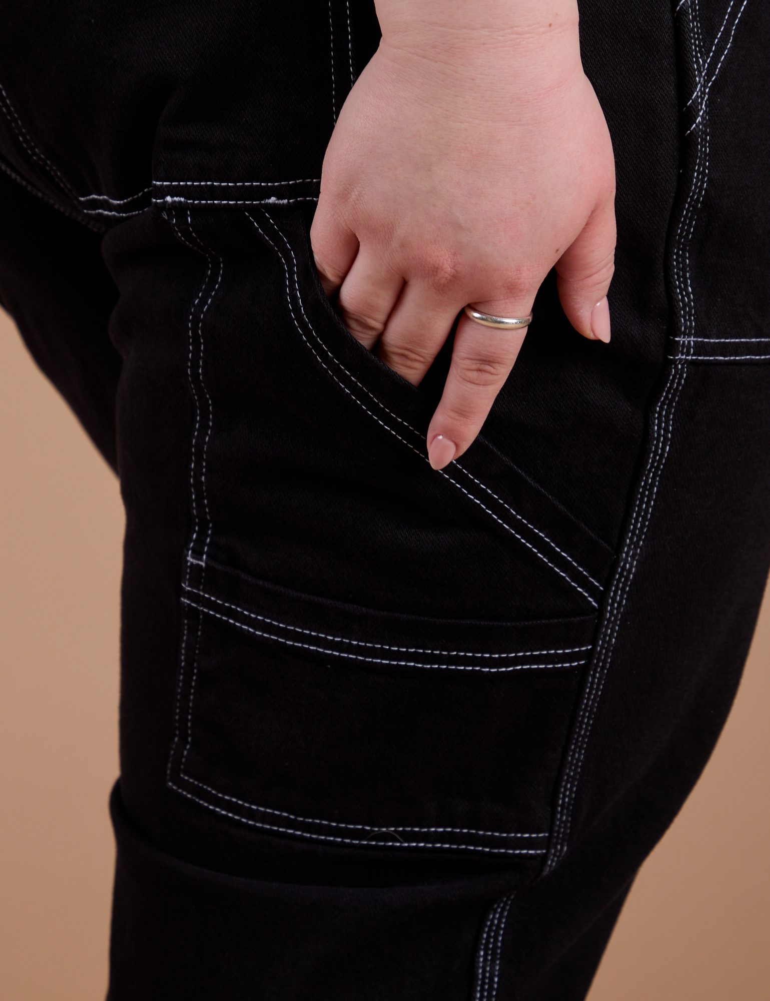Close up of Carpenter Jeans in Black pant leg side pocket