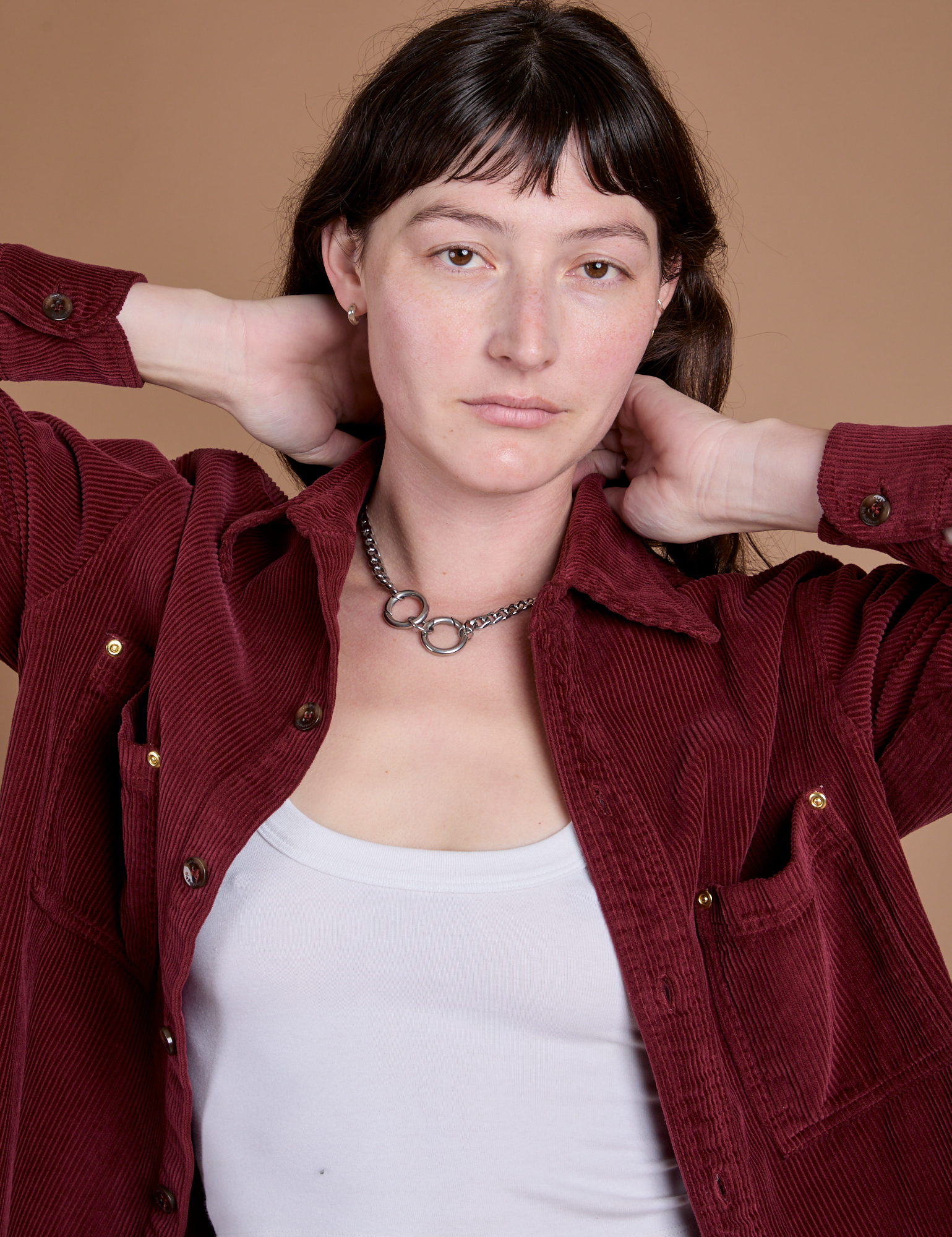Cropped Corduroy Overshirt in Red Wine close up on Alex