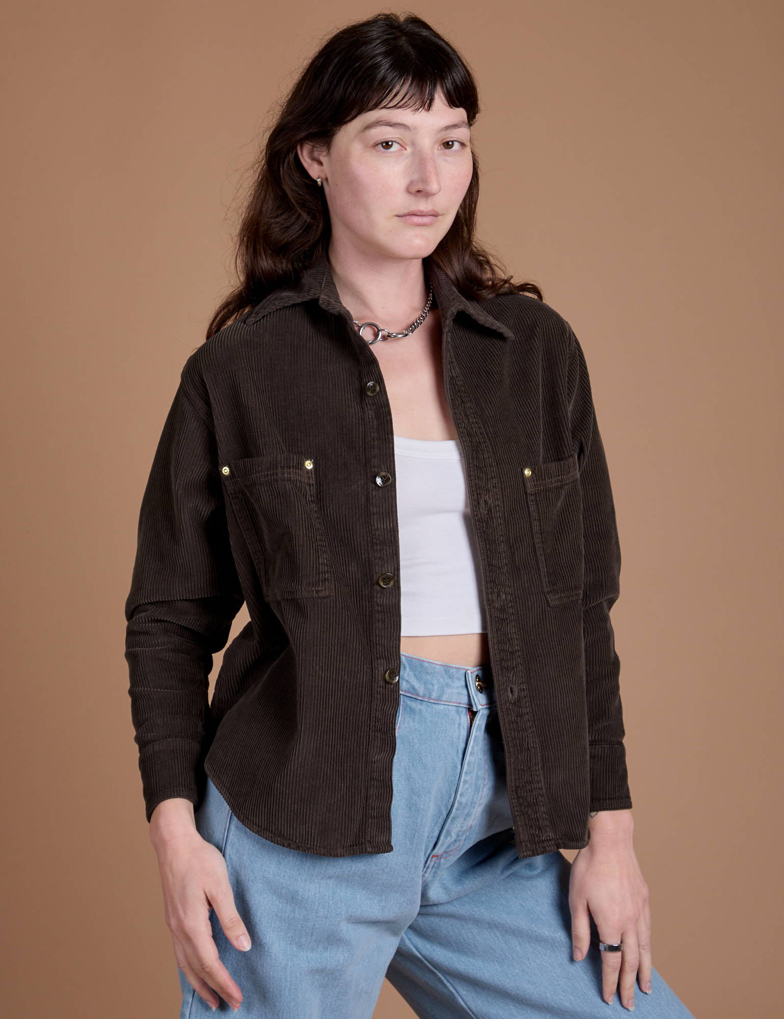 Angled front view of Cropped Corduroy Overshirt in Espresso Brown on Alex