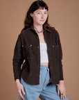 Angled front view of Cropped Corduroy Overshirt in Espresso Brown on Alex