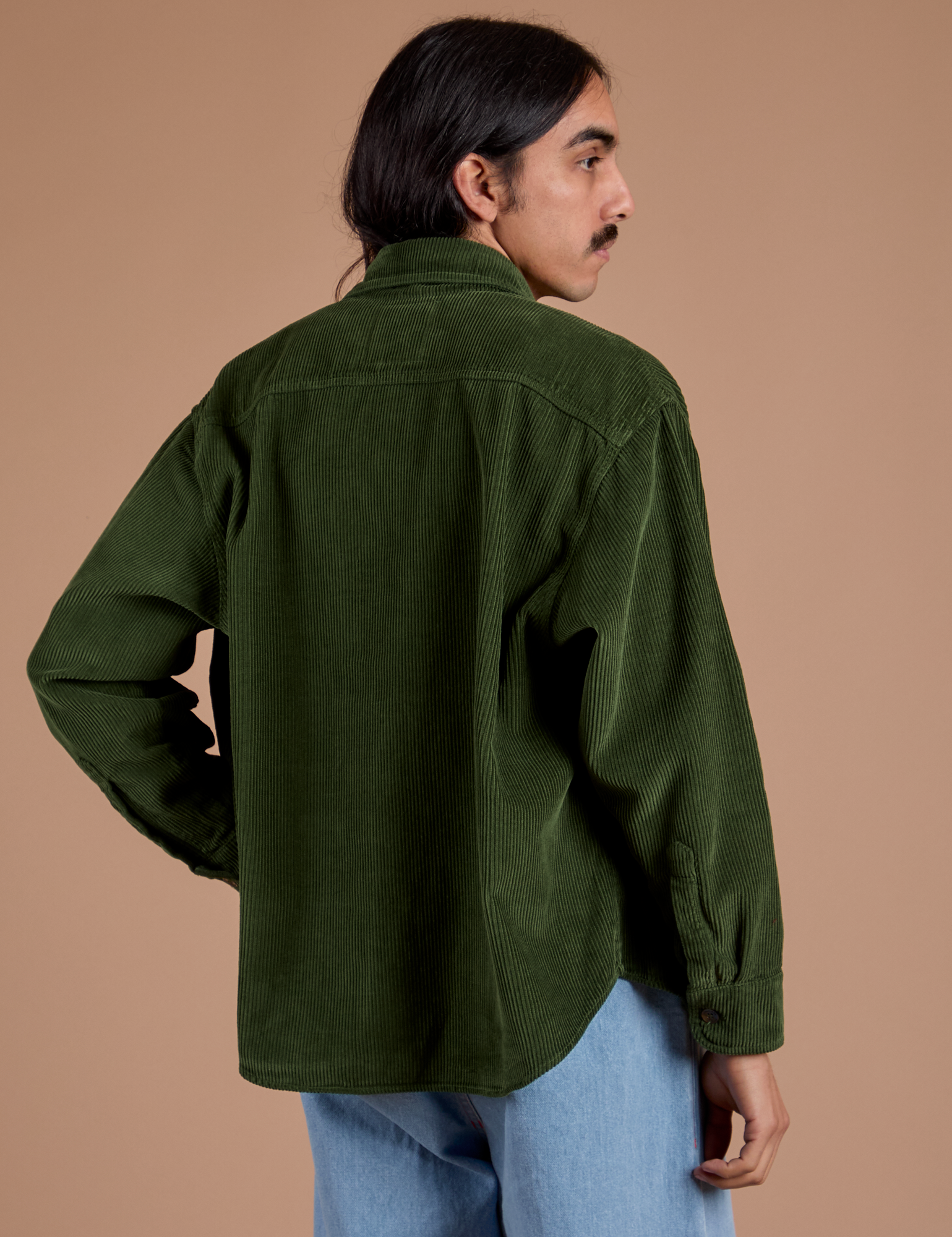 Back view of Cropped Corduroy Overshirt in Evergreen on Anthony