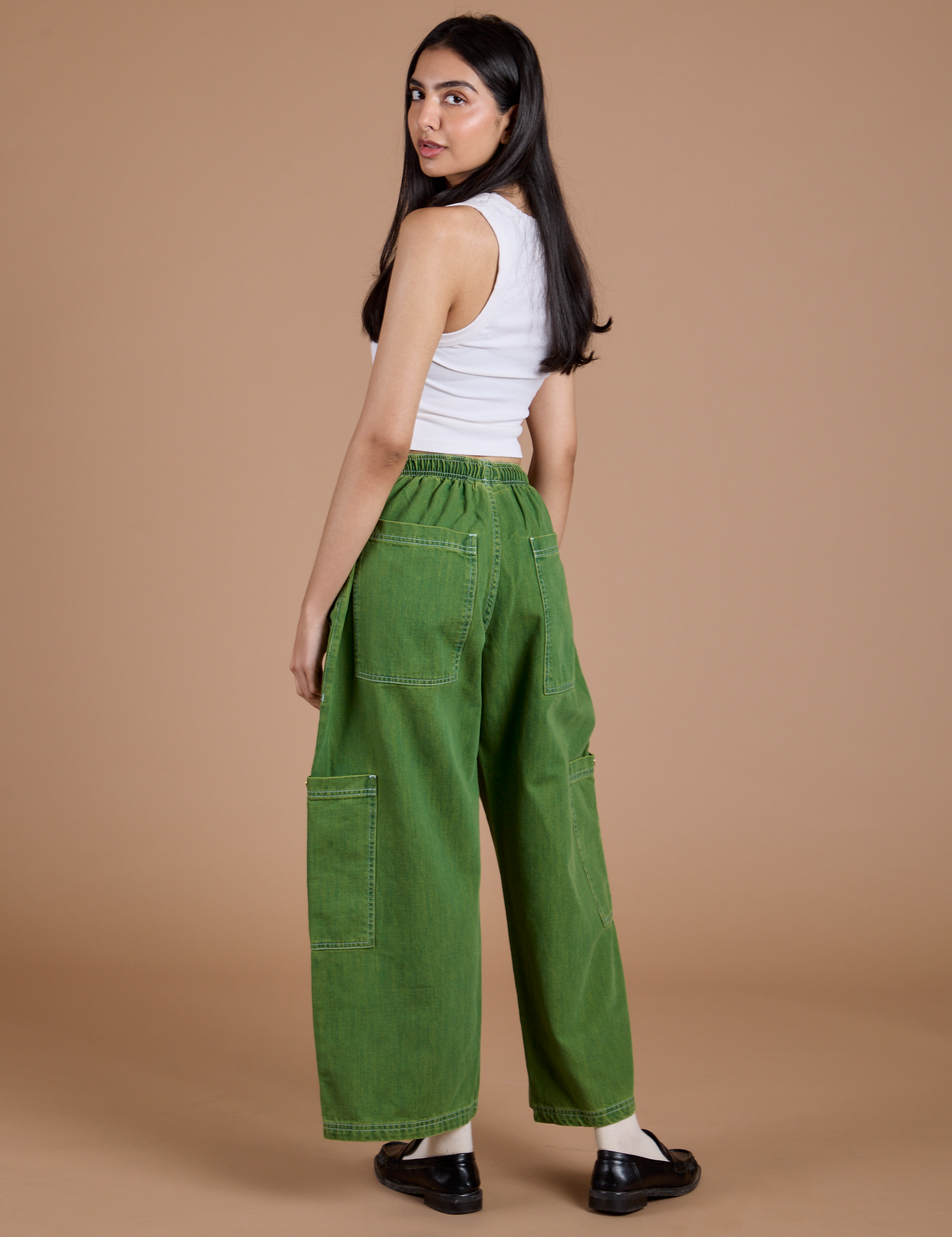Denim Drop Pocket Pants in Green Overdye back view on Anjaline