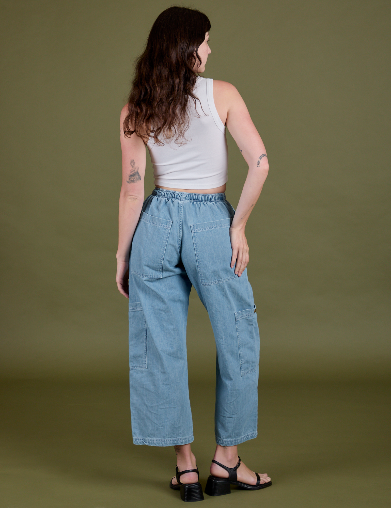 Denim Drop Pocket Pants in Light Wash back view on Alex