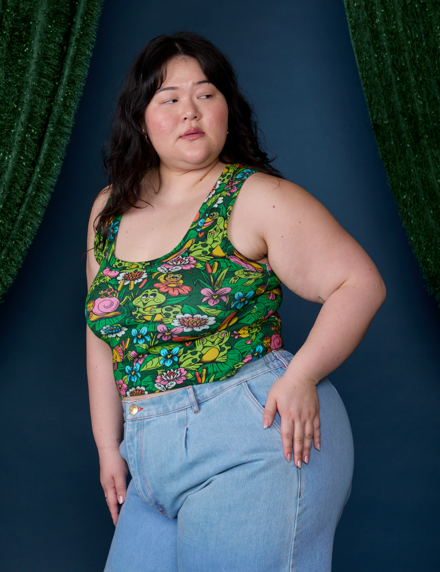 Angled front view of Cropped Tank Top in Pond Party on Ashley