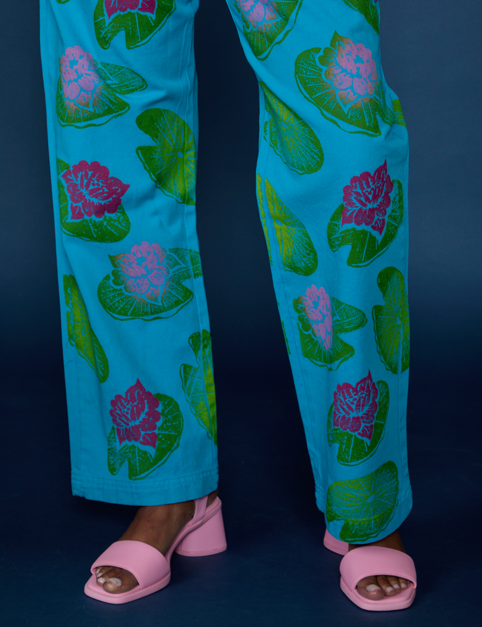 Paintstamped Work Pants in Lilypad pant leg close up on Kandia