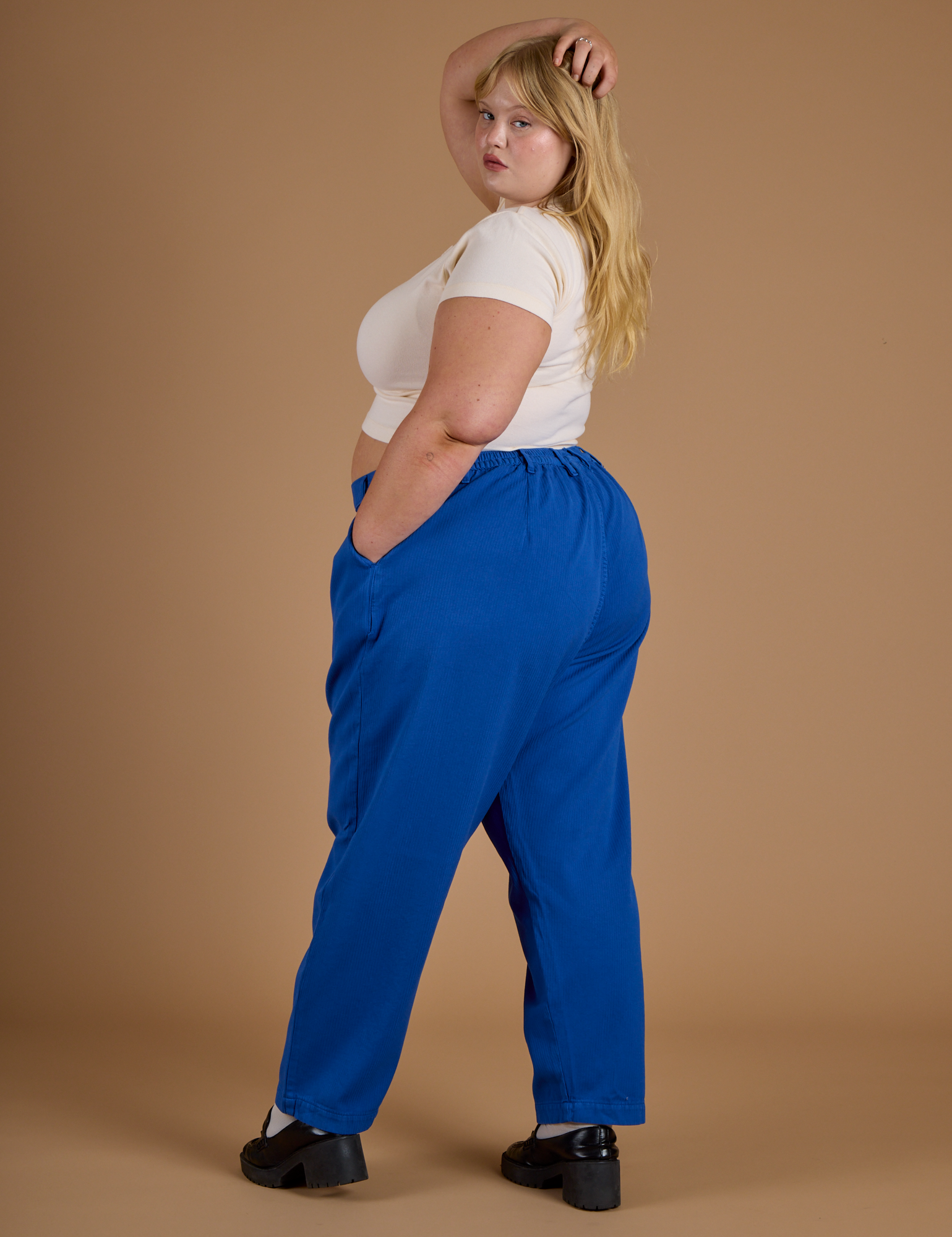 Heritage Trousers in Royal Blue angled back view on Juliet