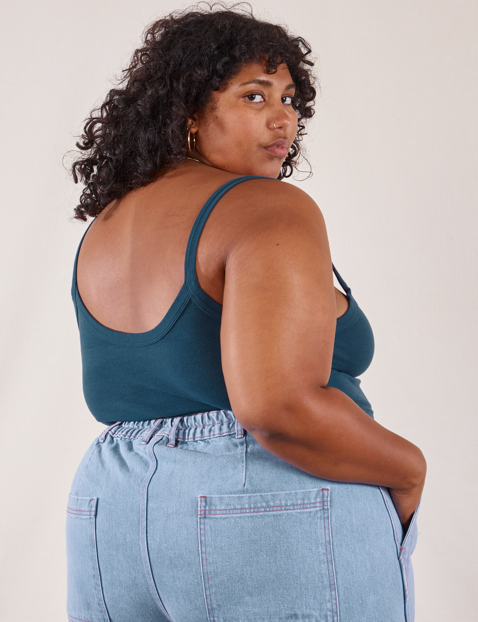 Cropped Cami in Lagoon angled back view on Morgan