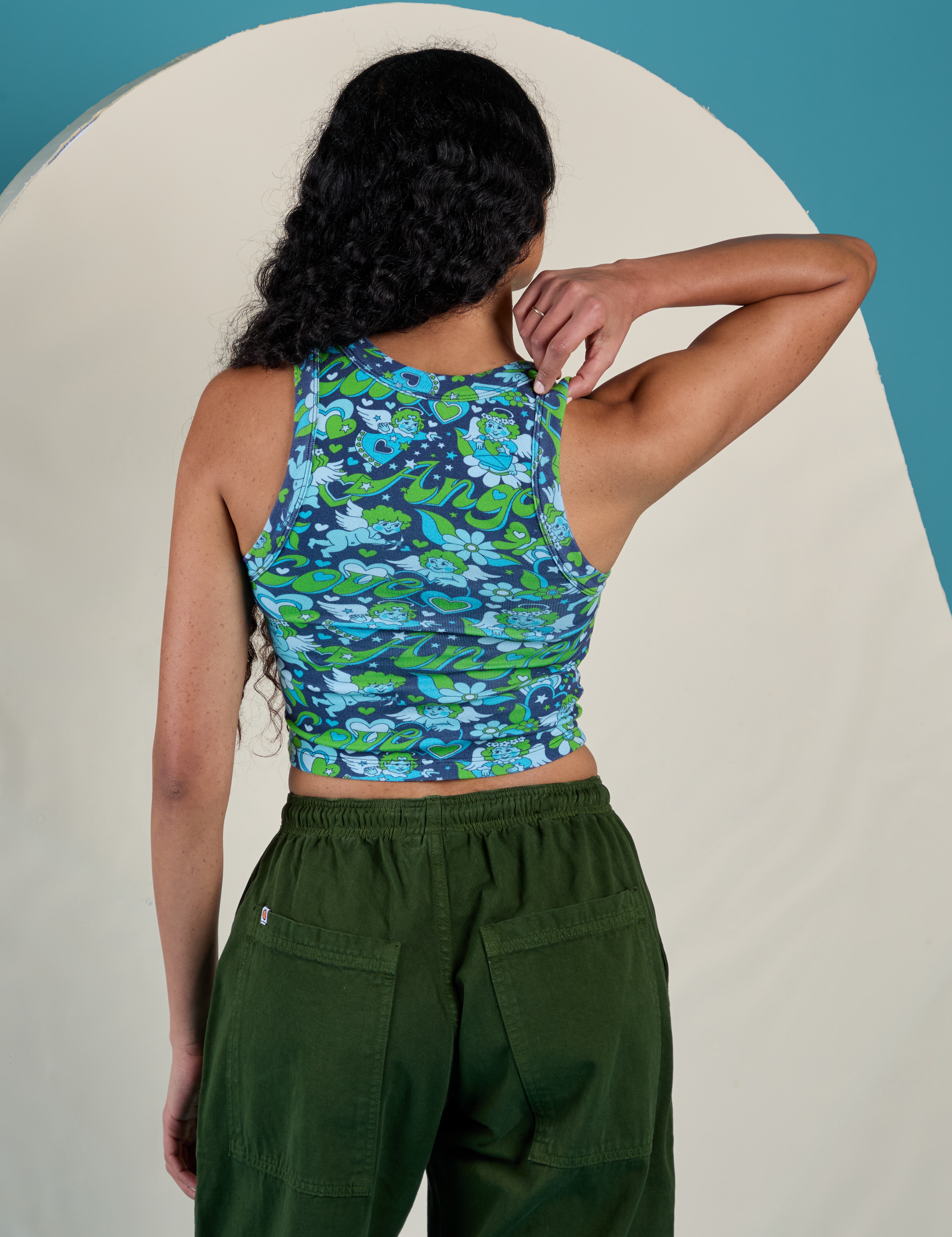 Cropped Tank Top in Angel Print back view on Shahana