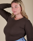 Long Sleeve Baby Tee in Espresso Brown angled front view on Lish