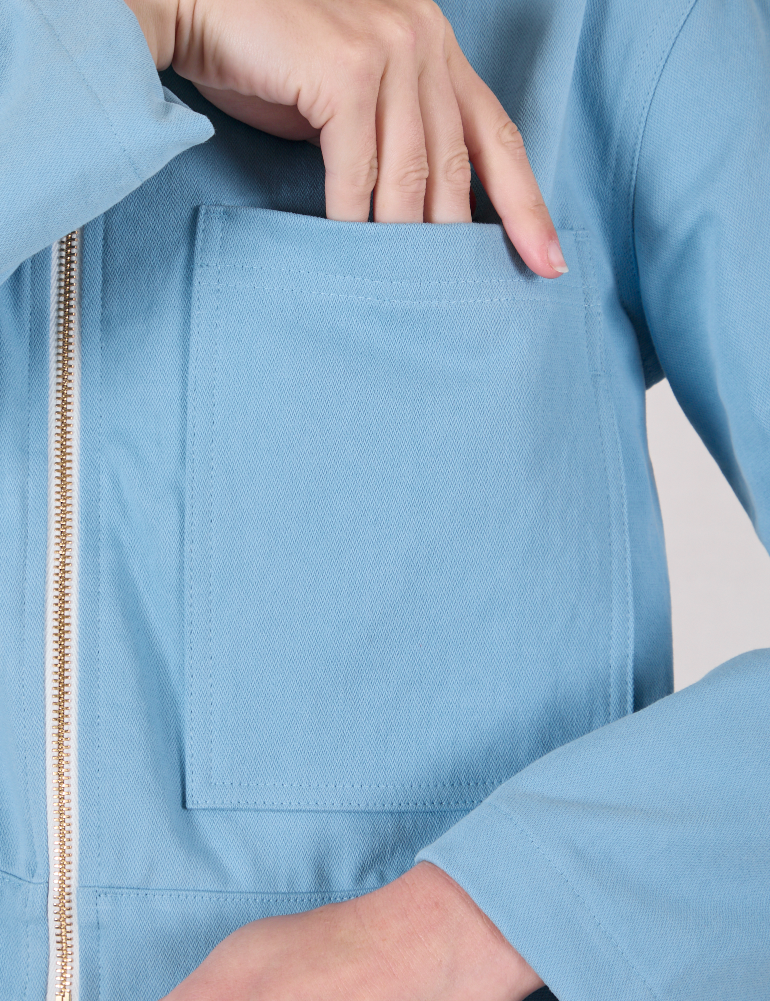 Mechanic Jacket in Baby Blue front pocket close up
