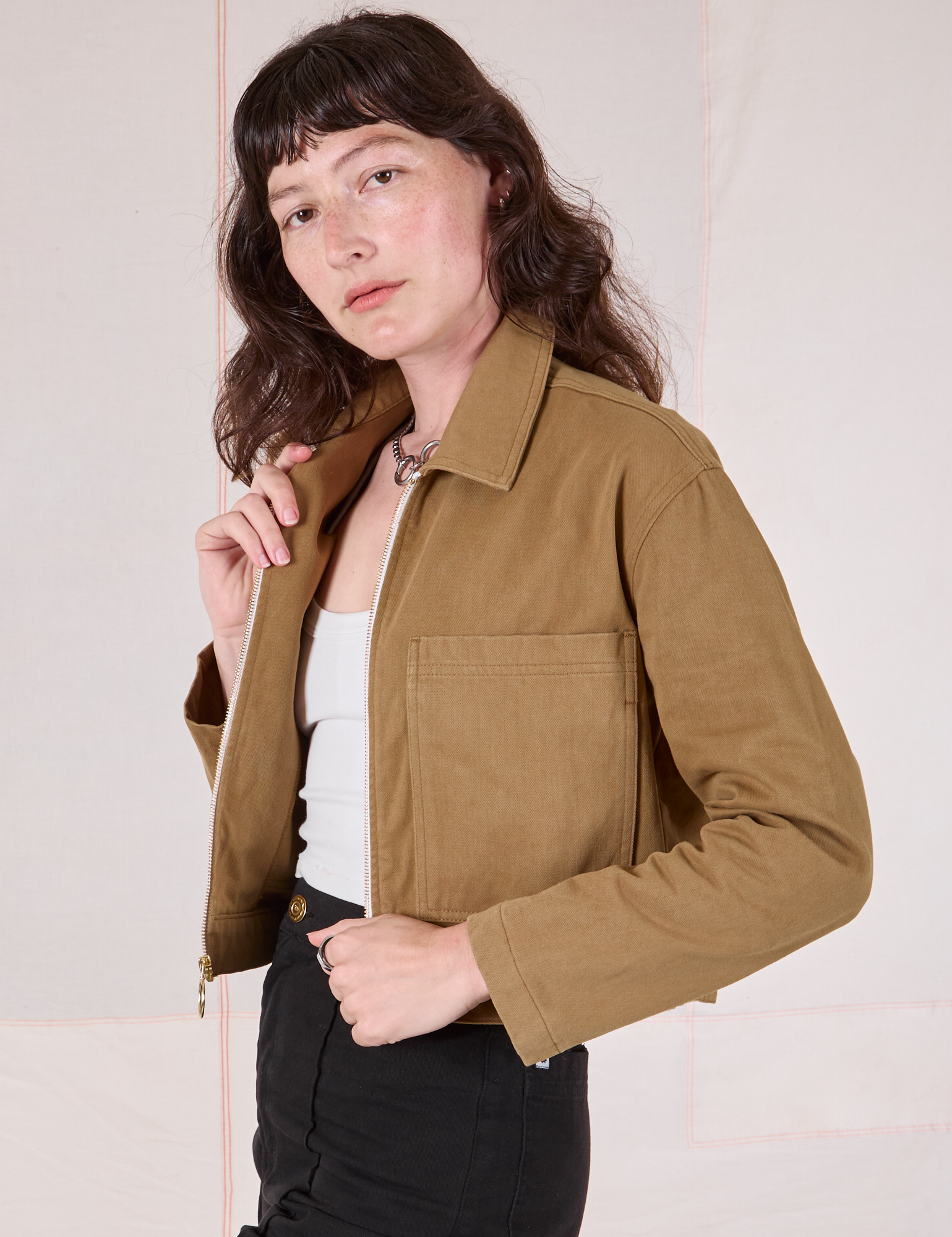 Mechanic Jacket in Desert Brown angled front view on Alex