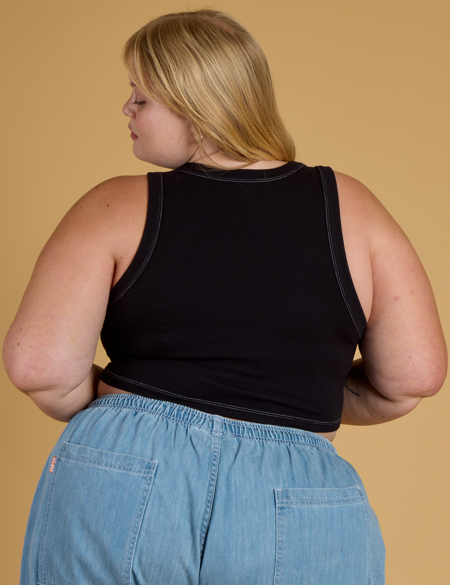 Contrast Stitch Mini Tank in Basic Black back view on Juliet