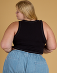 Contrast Stitch Mini Tank in Basic Black back view on Juliet