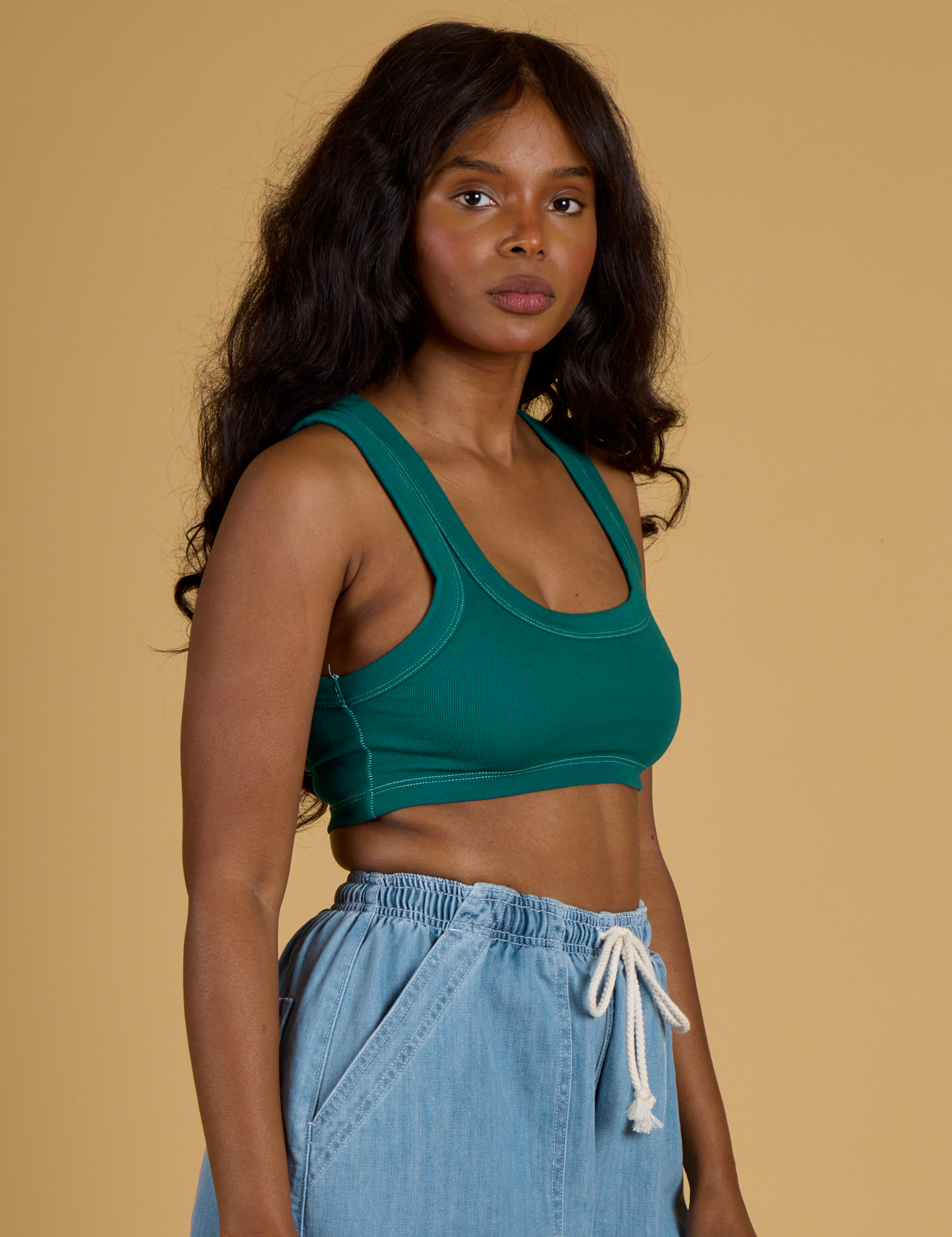 Contrast Stitch Mini Tank in Hunter Green side view on Kandia