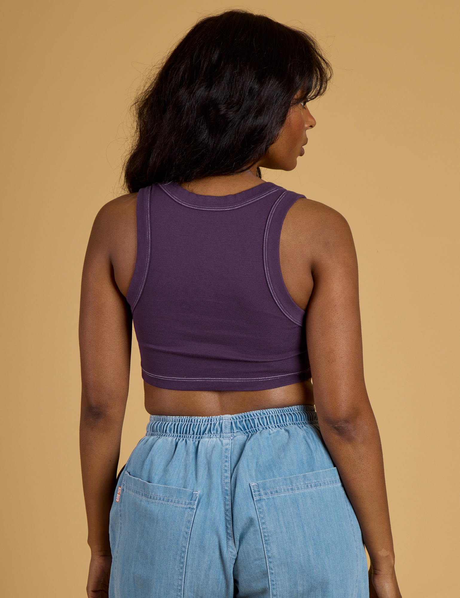 Contrast Stitch Mini Tank in Nebula Purple back view on Kandia