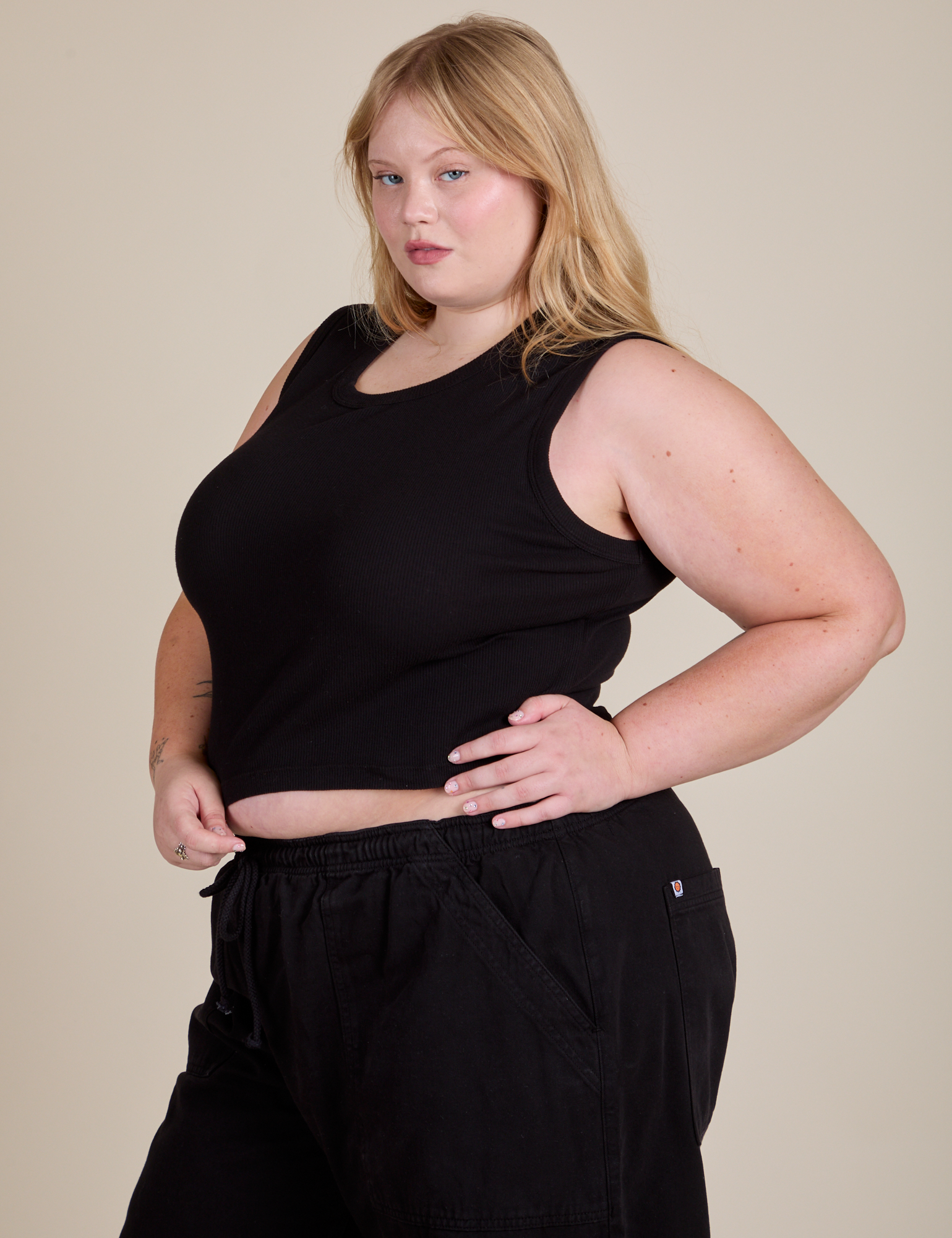 Angled front view of Muscle Tee in Basic Black on Juliet