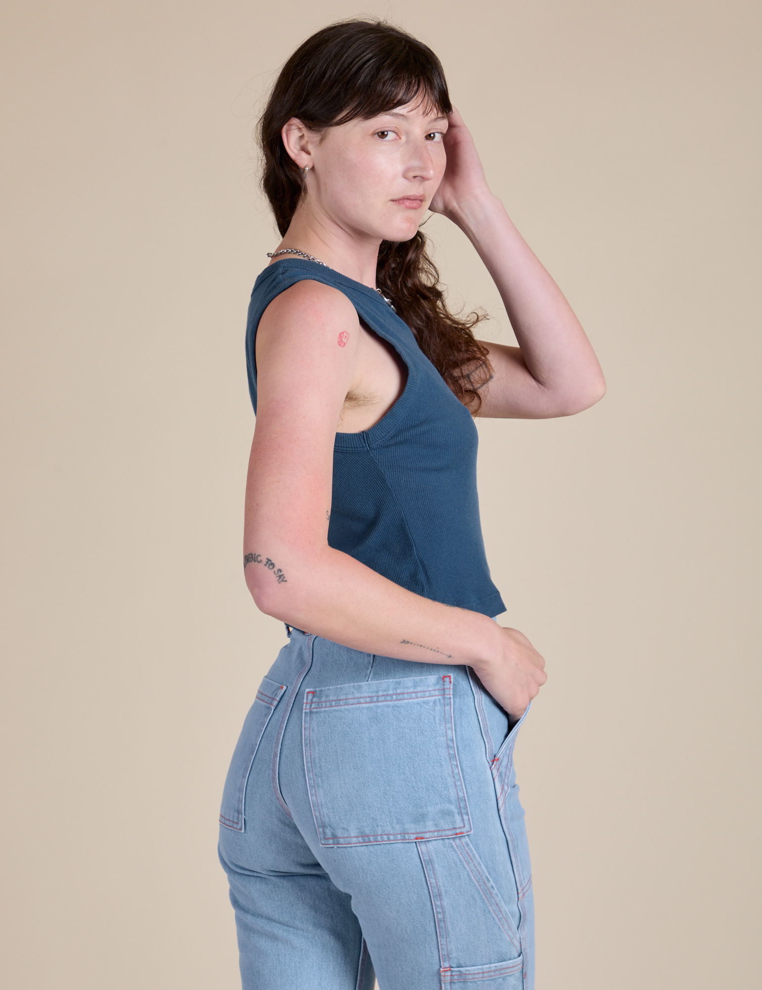Muscle Tee in French Blue side view on Alex