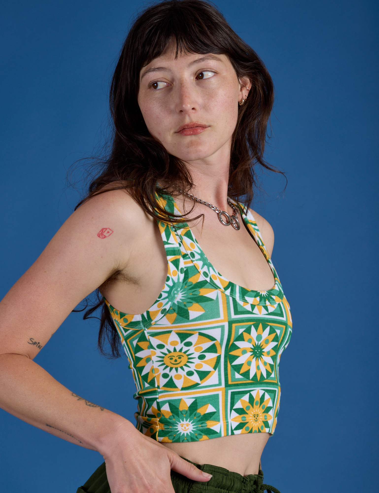 Cropped Tank Top in Spring Quilt Print angled front view close up on Alex