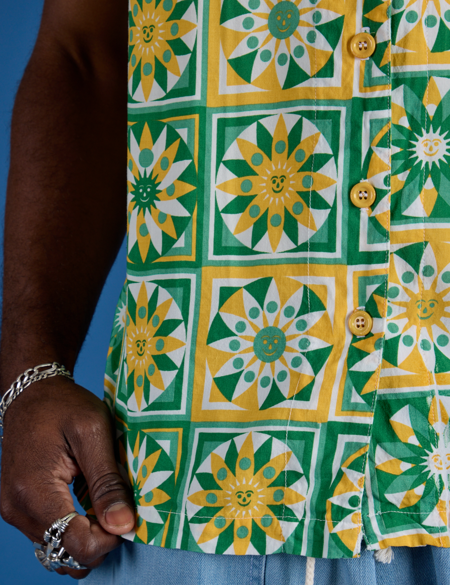Spring Quilt Print Pantry Button-Up close up on Jerrod