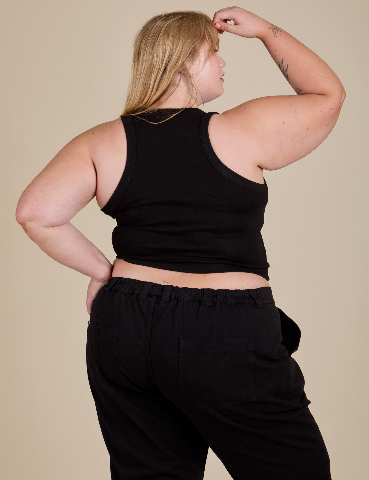 Racerback Tank in Black back view on Juliet