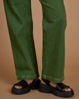 Railroad Denim Work Pants in Gross Green Overdye pant leg close up