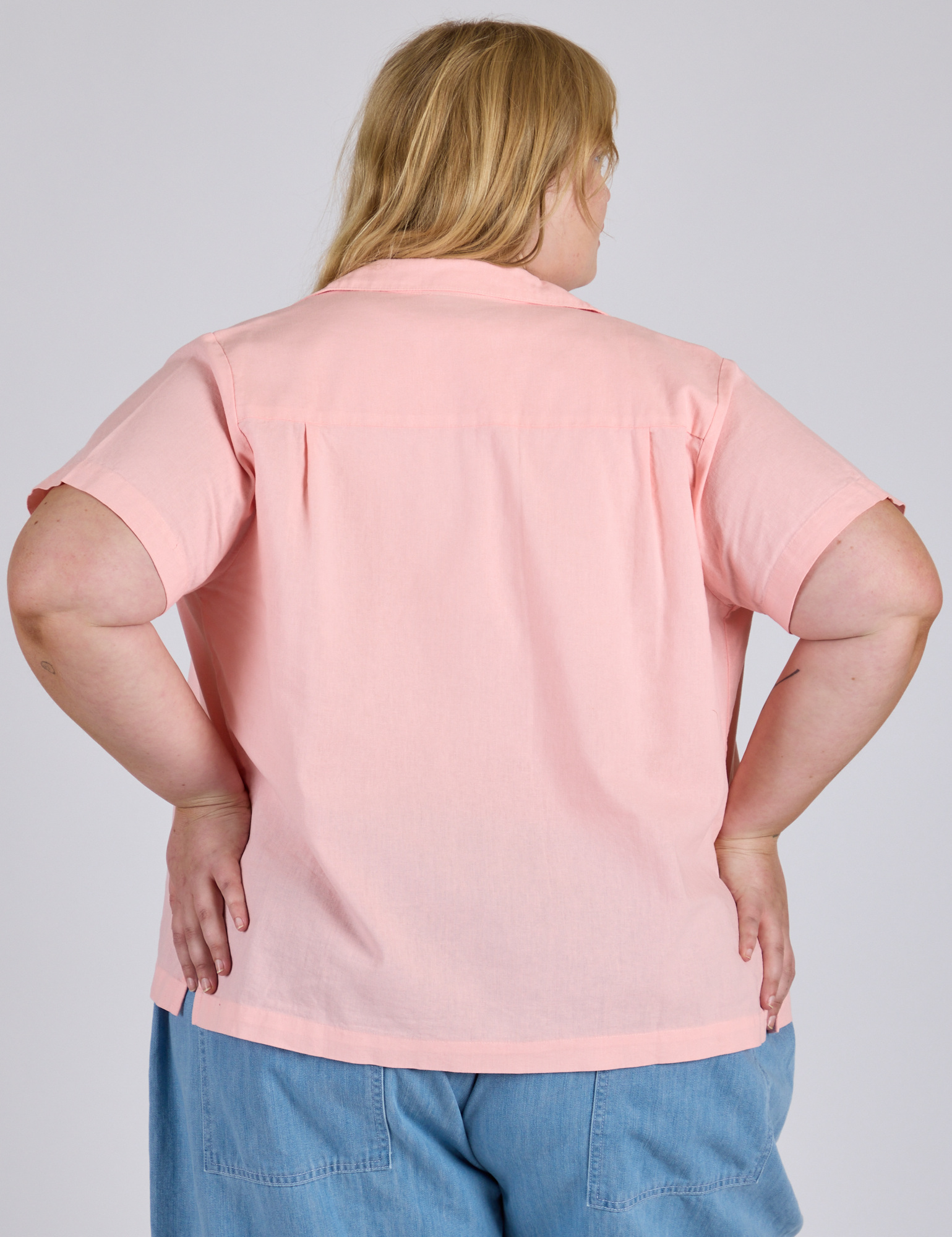 Pantry Button-Up in Baby Pink back view on Juliet