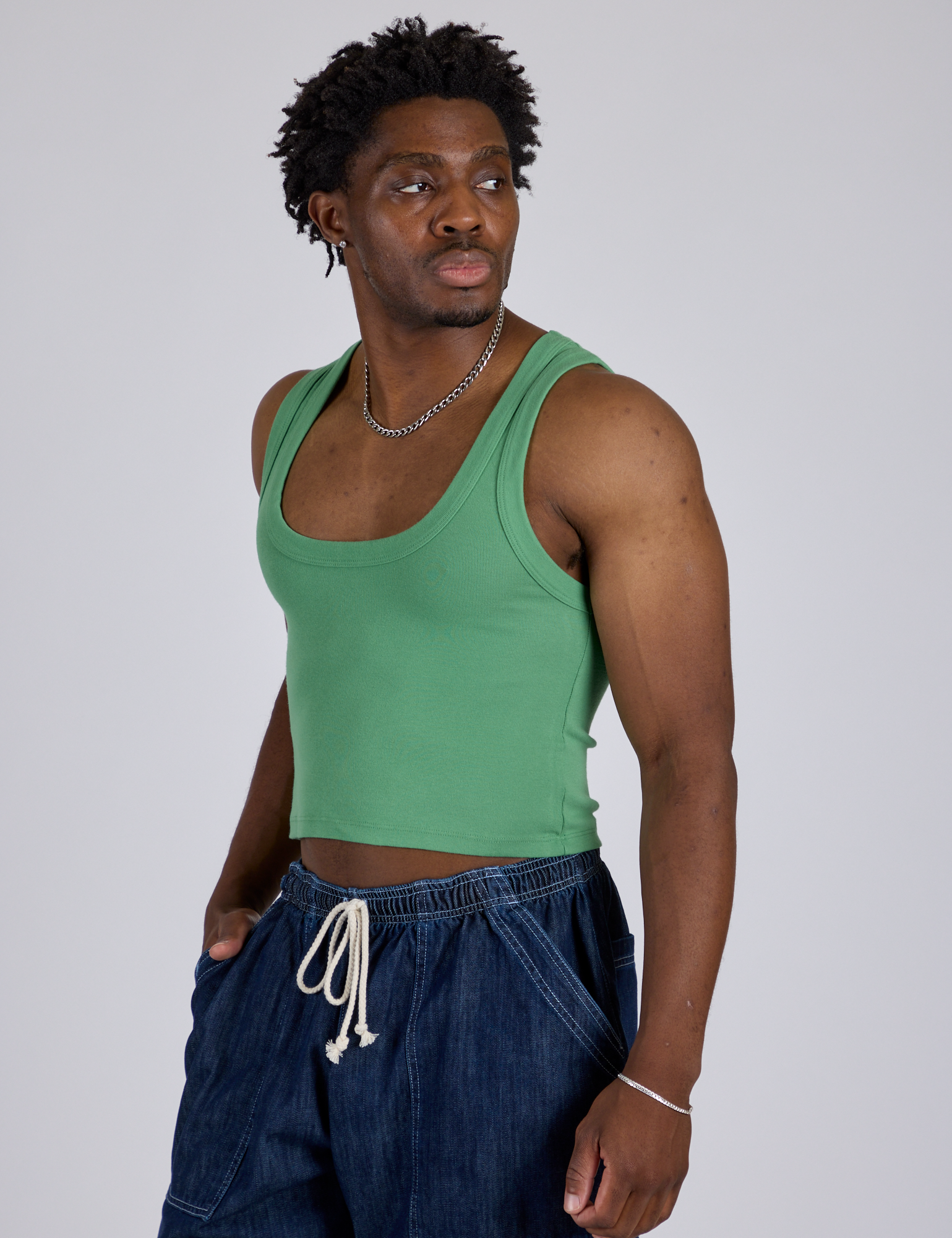 Cropped Tank Top in Seafoam Green angled view on Isaac