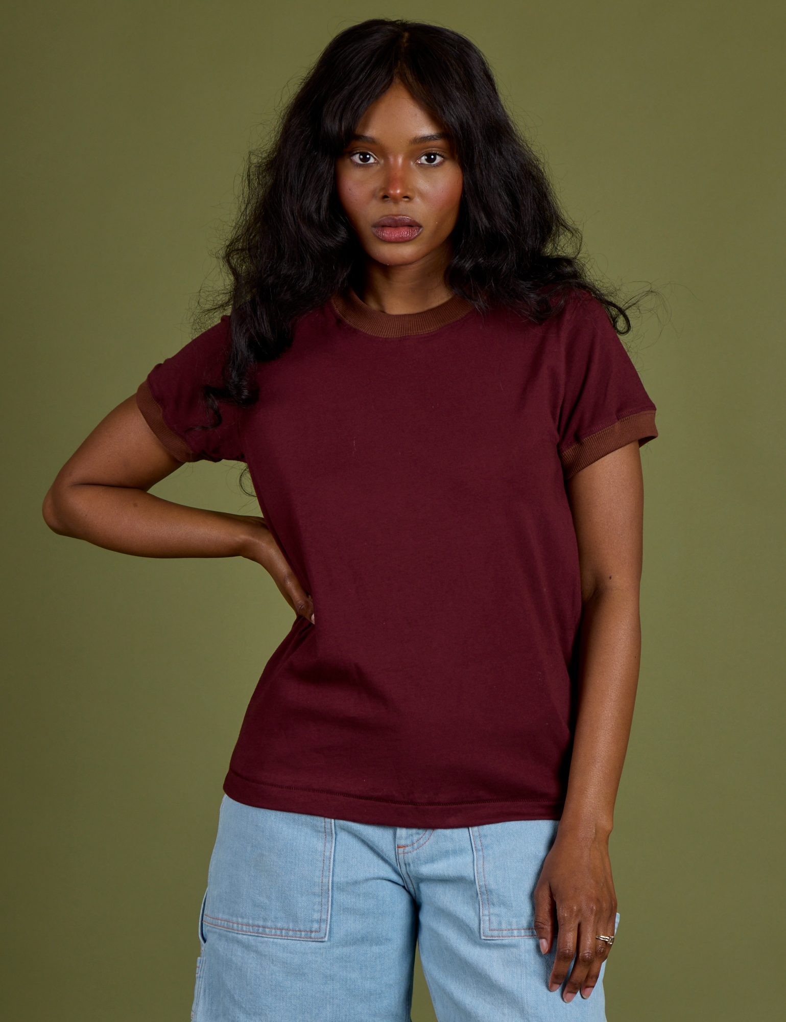 Vintage Ringer Tee in Red Wine worn by Kandia