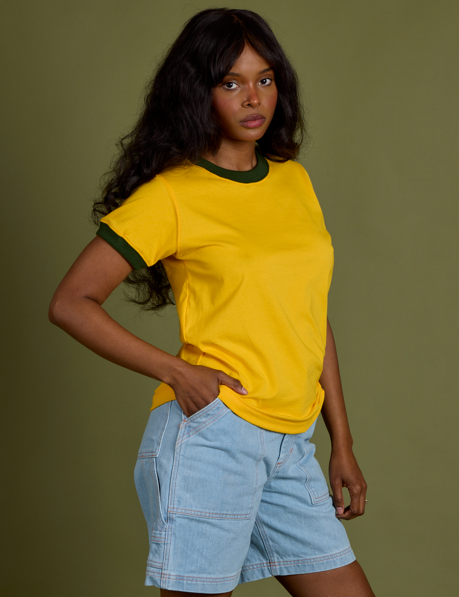 Vintage Ringer Tee in Sunshine Yellow angled front view on Kandia