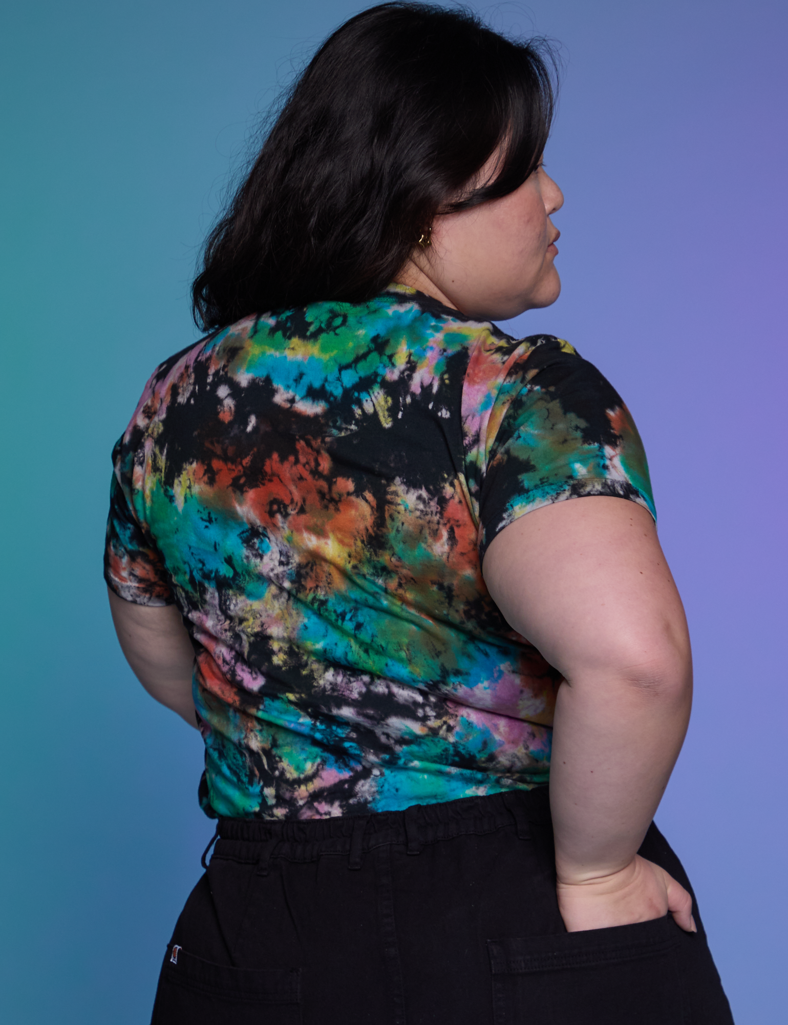 Classic Tee in Rainbow Magic Waters back view on Ashley