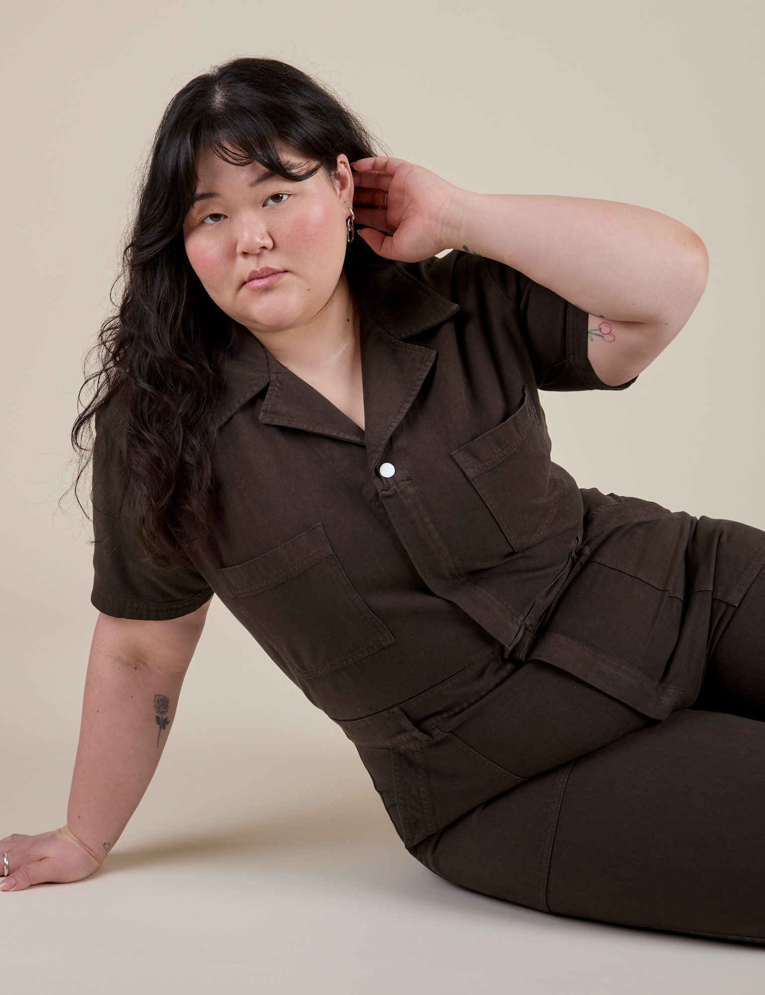 Short Sleeve Jumpsuit in Espresso Brown on Ashley