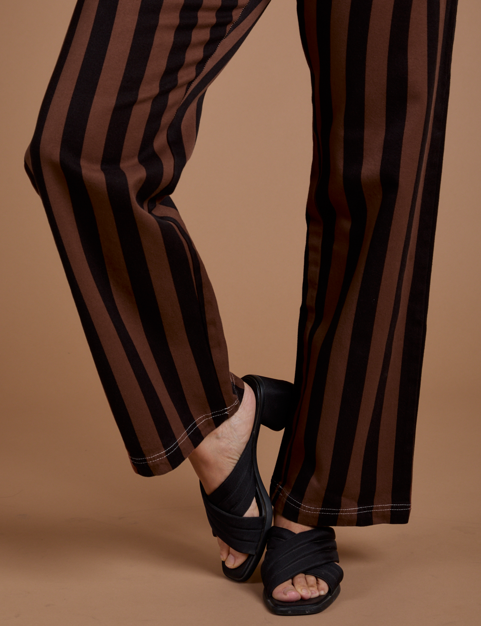 Black Stripe Work Pants in Fudgesicle Brown pant leg close up on Tiara