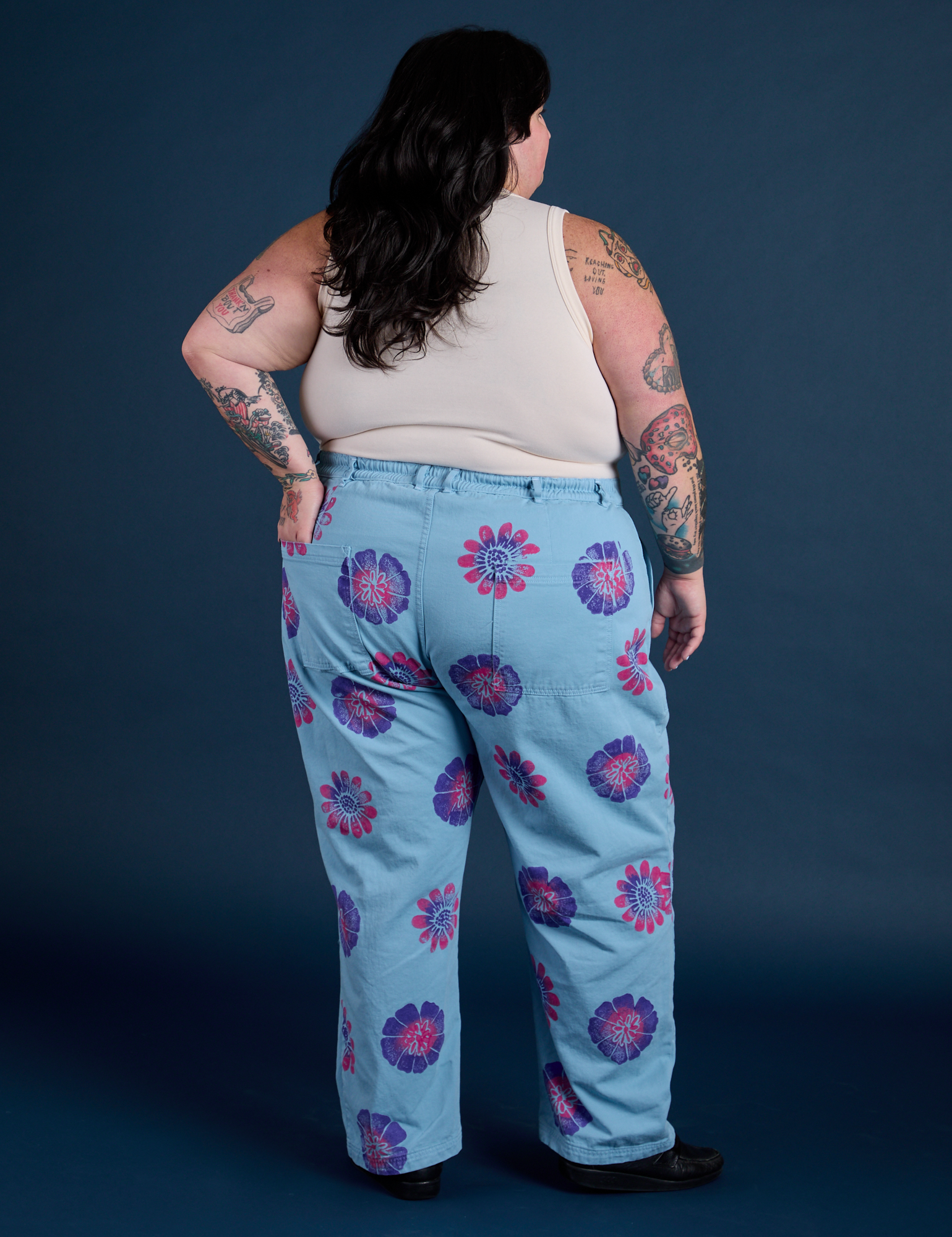 Floral Painted Work Pants in Blue back. view on Sam