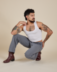 Work Pants in Washed Grey and Cropped Tank in Vintage Tee White worn by Jesse