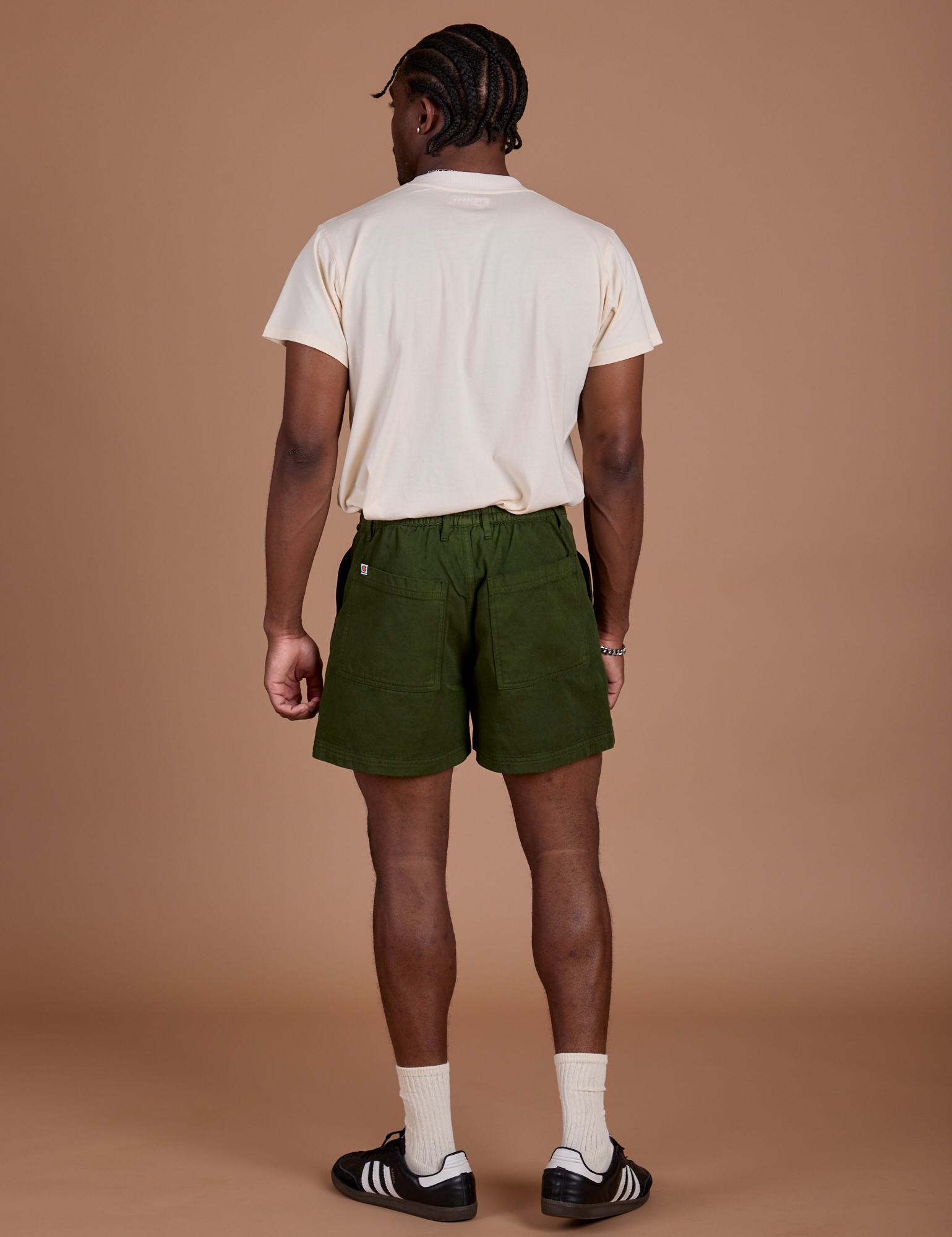 Back view of Classic Work Shorts in Evergreen and Organic Vintage Tee in Vintage Off-White