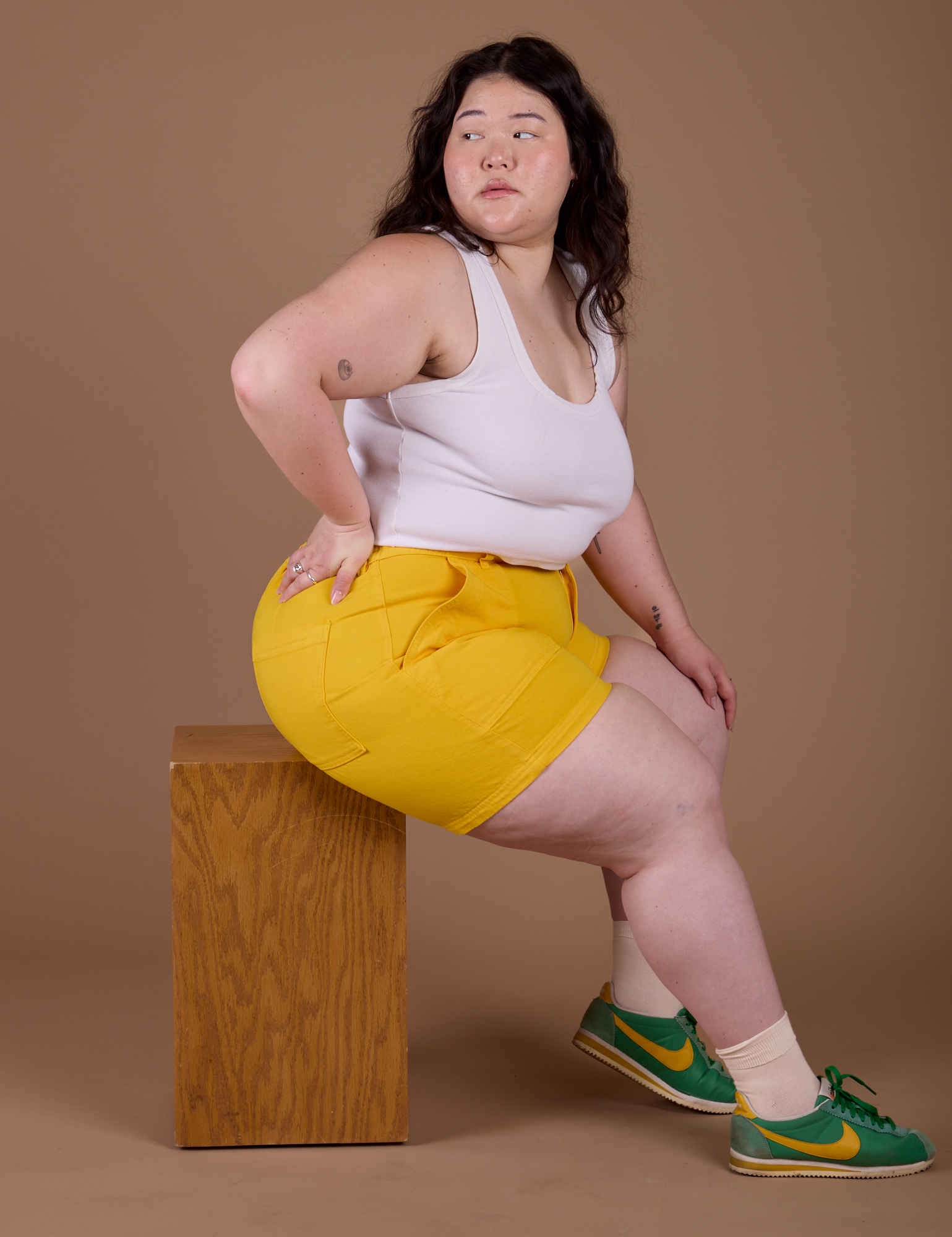 Classic Work Shorts in Sunshine Yellow and Cropped Tank in Vintage Tee White on Ashley