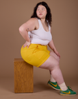 Classic Work Shorts in Sunshine Yellow and Cropped Tank in Vintage Tee White on Ashley