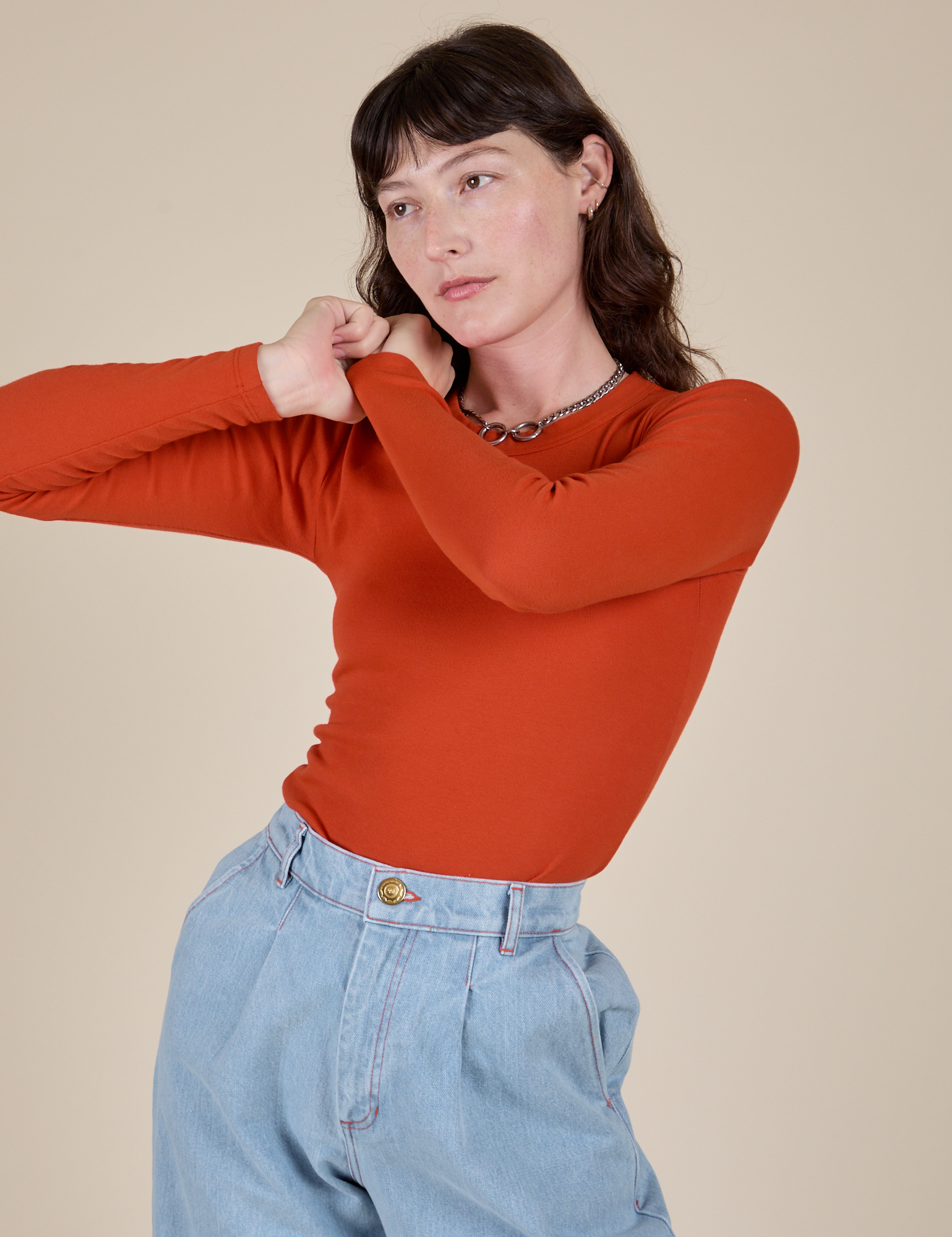 Long Sleeve Baby Tee in Chili Red worn by Alex