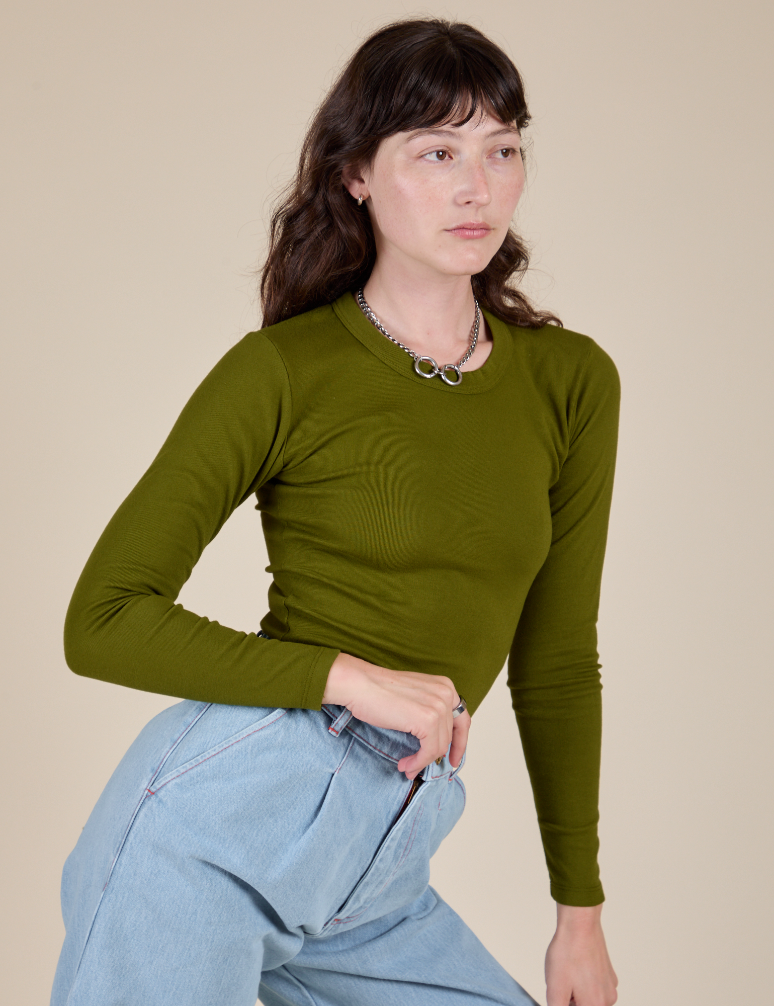 Long Sleeve Baby Tee in Summer Olive on Alex