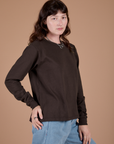 Angled front view of Long Sleeve Burly Tee in Espresso Brown on Alex