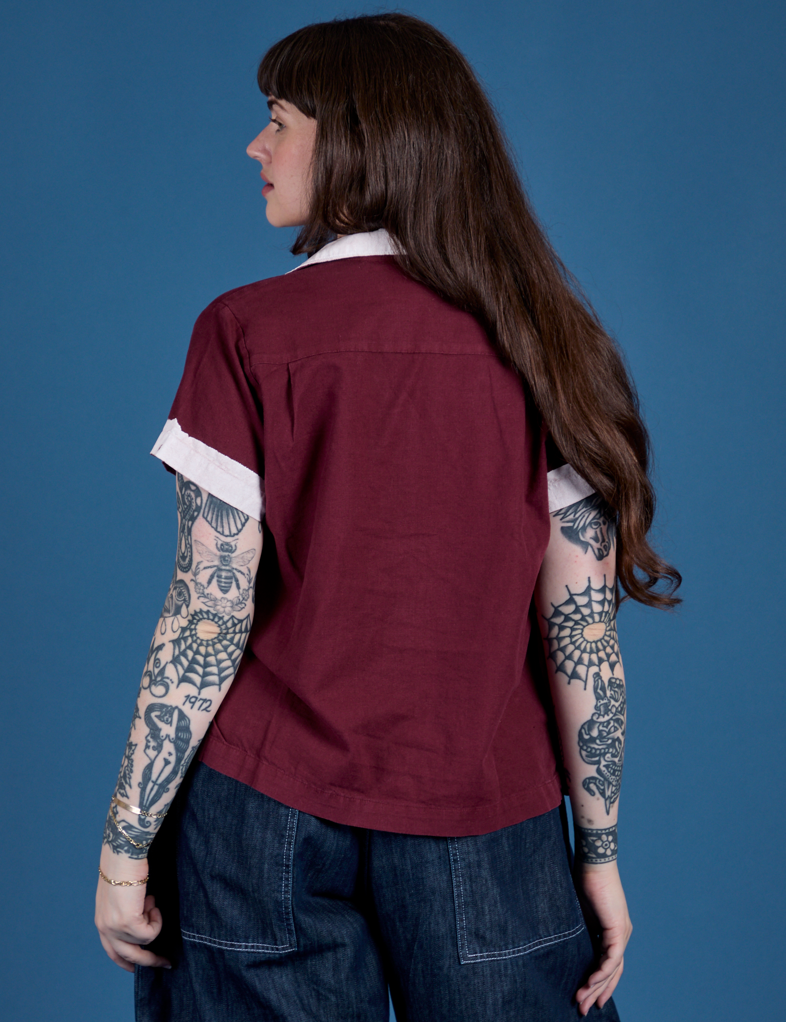 Painted Pantry Button-Up in Red Wine back view on Sydney