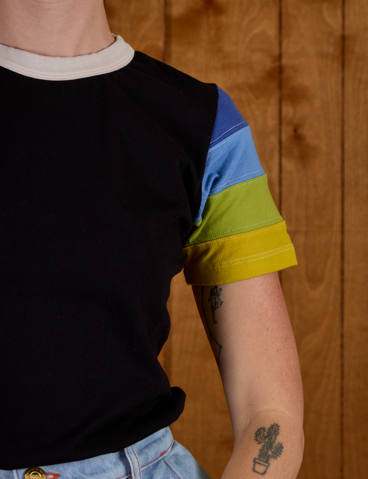 Front close up of Calypso Tee in Black Multi on Alex